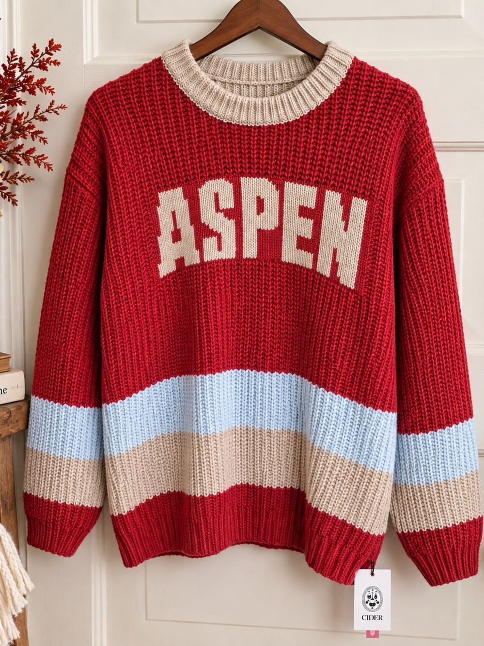 CIDER Aspen Oversized Chunky Knit Sweater Red Colorblock NWT XS